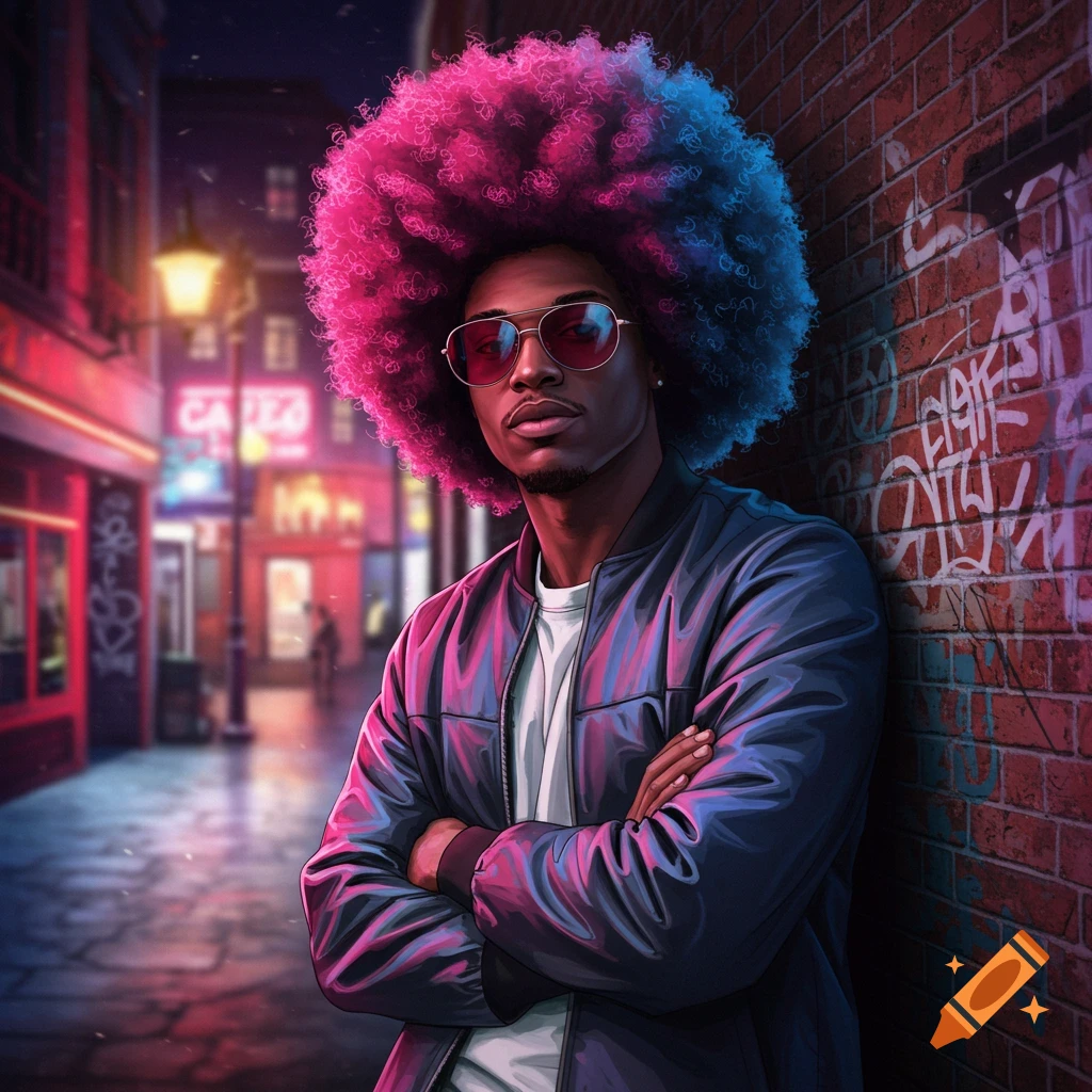 A Black man with a vibrant pink and blue afro and sunglasses leans against a graffiti wall on a neon-lit city street.