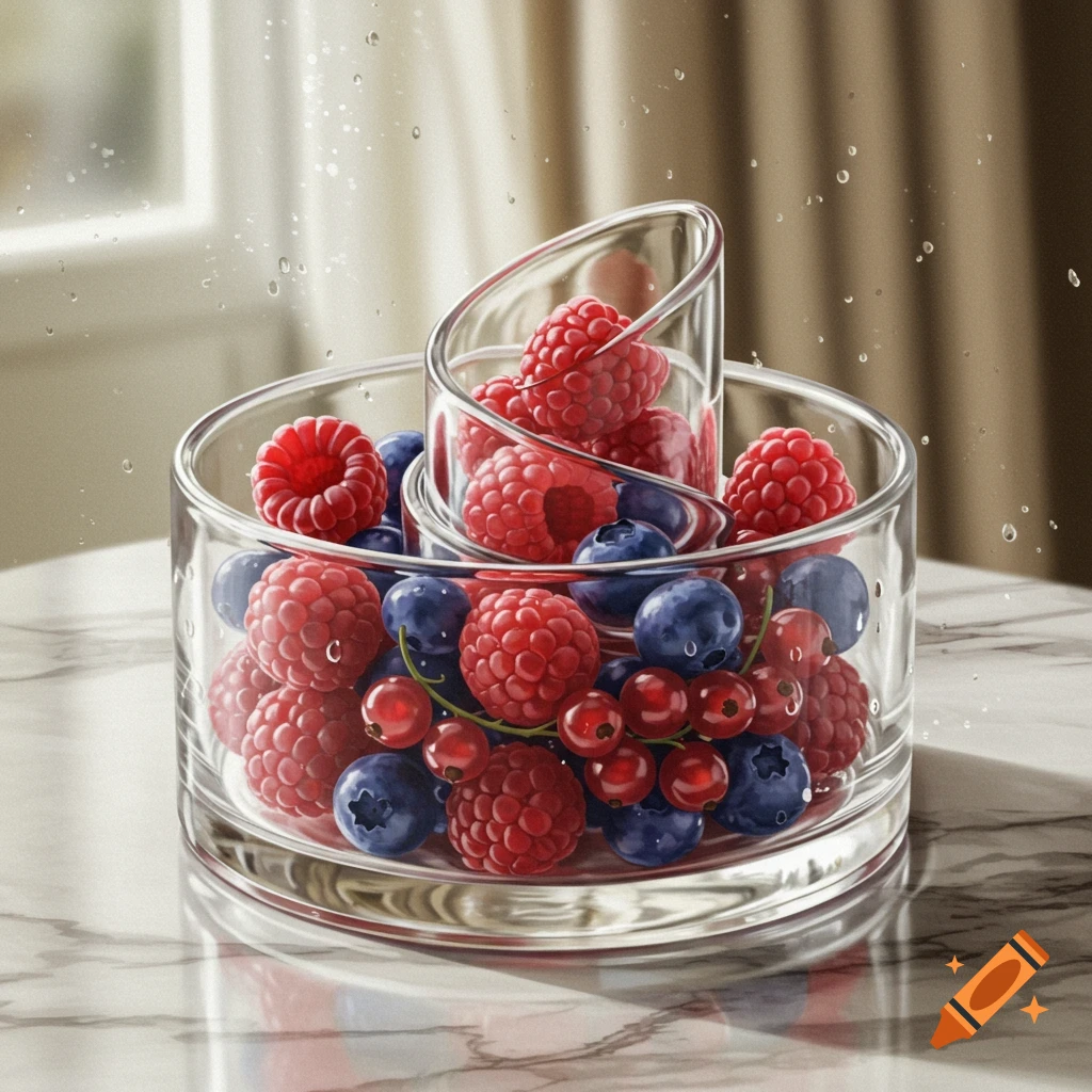 Photorealistic image of raspberries, blueberries, and red currants in a clear glass bowl on a marble table with water droplets.