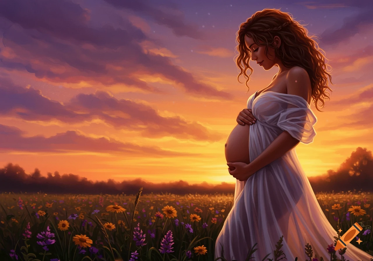A pregnant woman in a sheer white dress stands in a field of wildflowers at sunset, holding her belly.