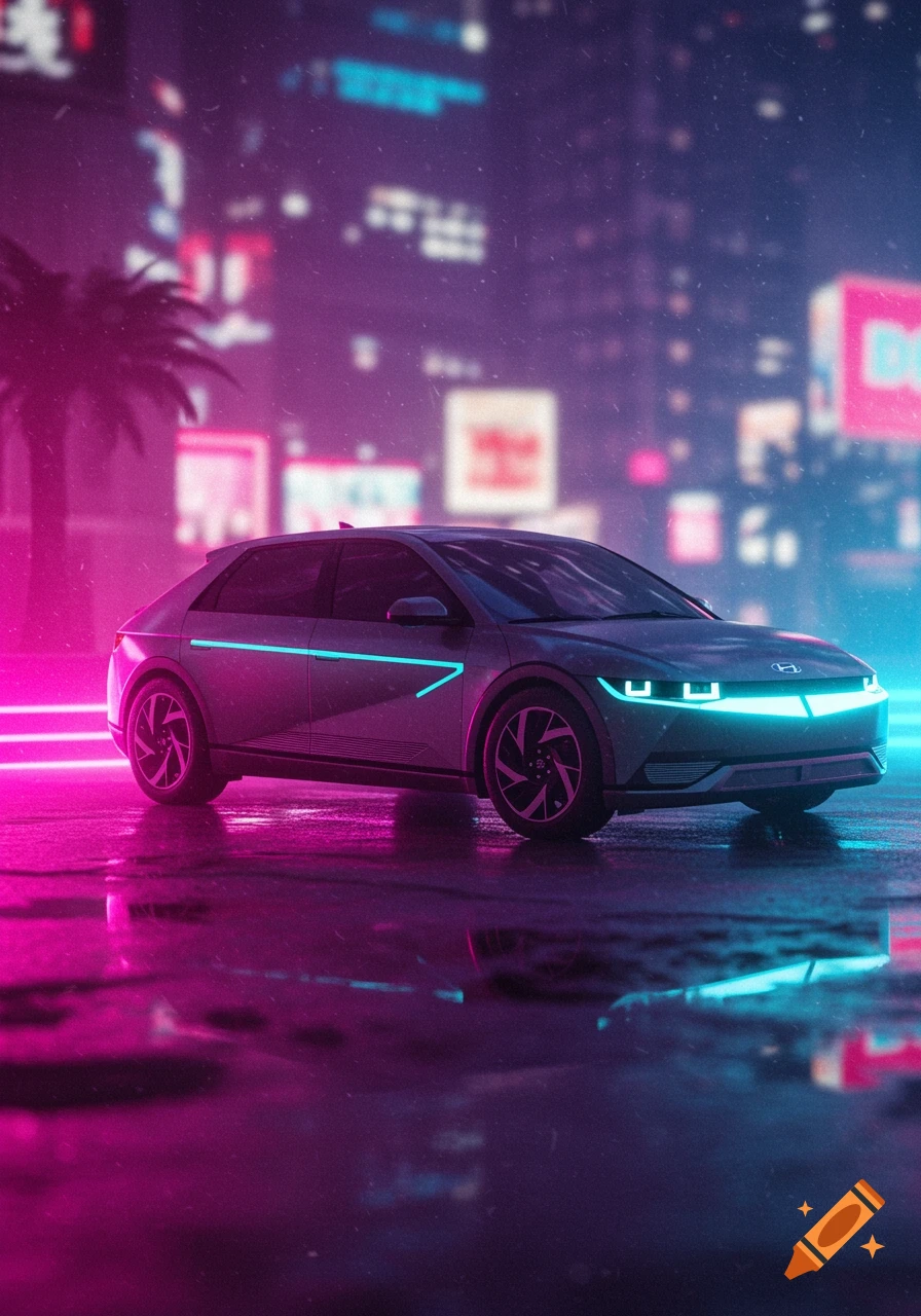 A futuristic grey car with neon blue and pink lights on wet city streets at night with a cyberpunk aesthetic.