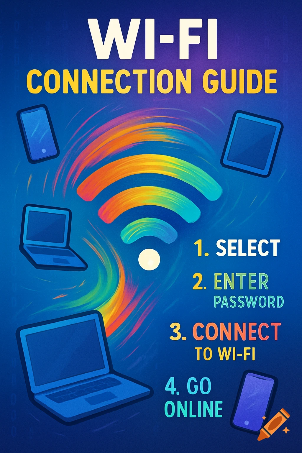 A colorful poster for a Wi-Fi connection guide featuring a rainbow Wi-Fi symbol and electronic devices like laptops and phones.