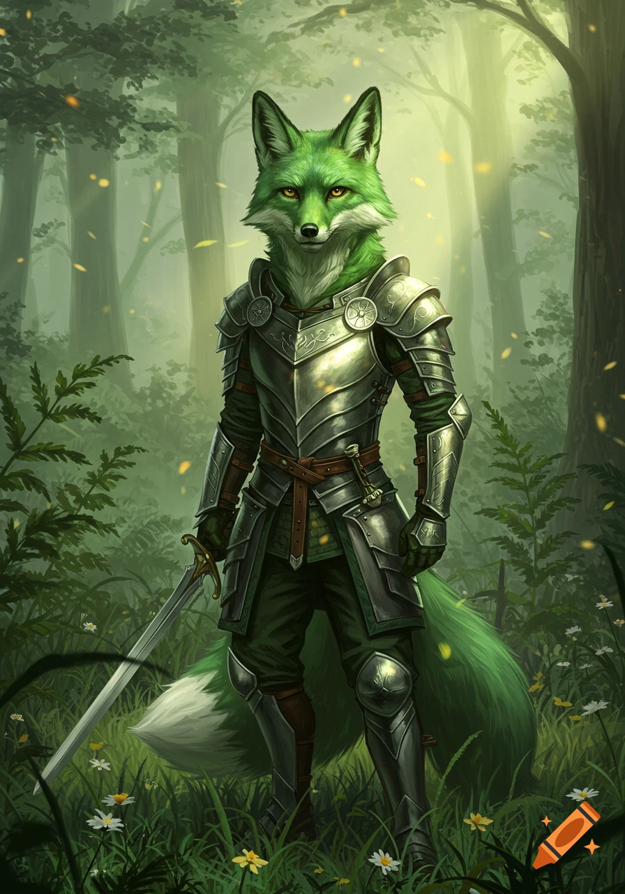 An emerald green fox in shining silver armor holds a sword in a magical forest.