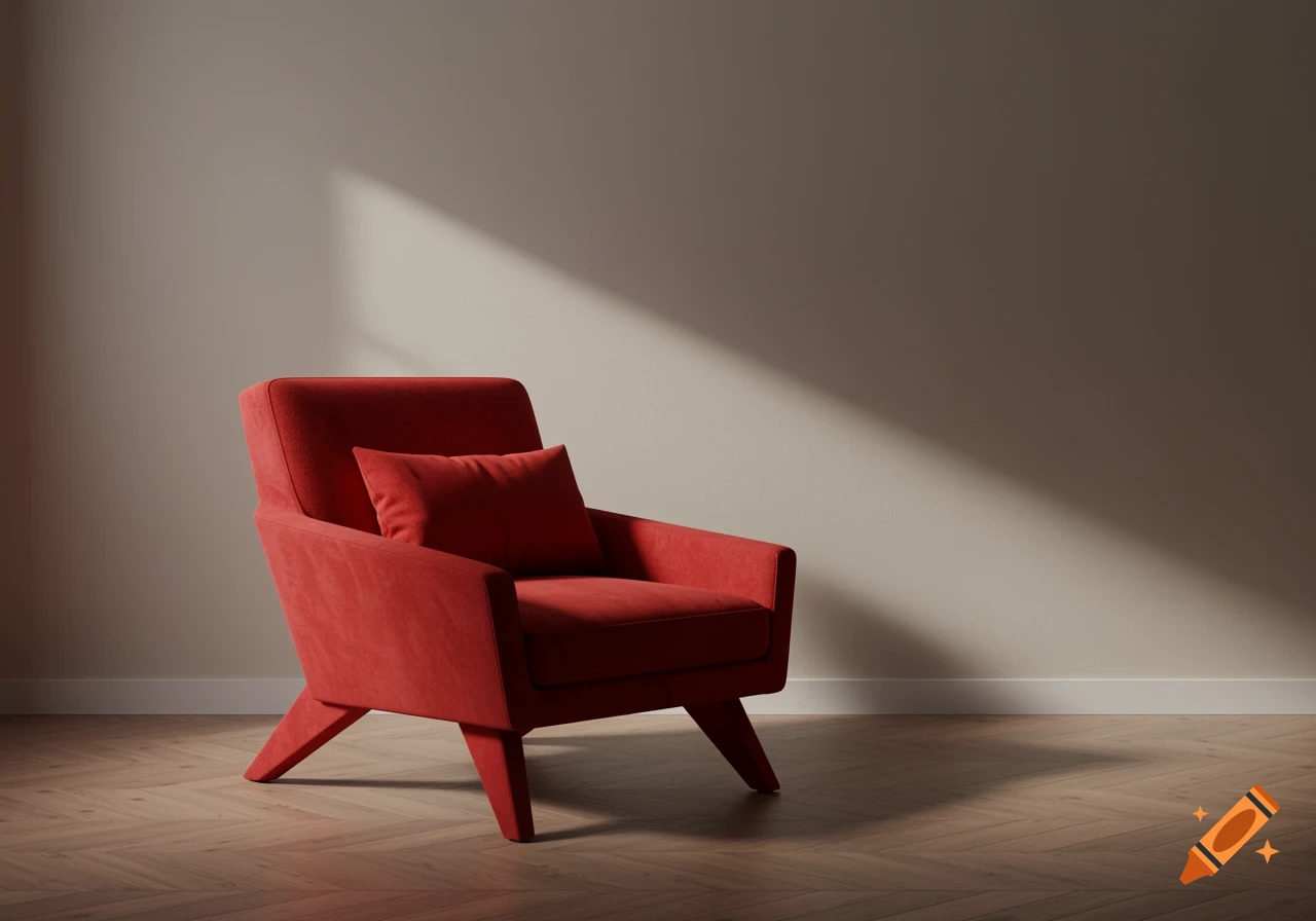 A red armchair with a matching pillow on a herringbone wooden floor against a plain wall with a diagonal shadow.
