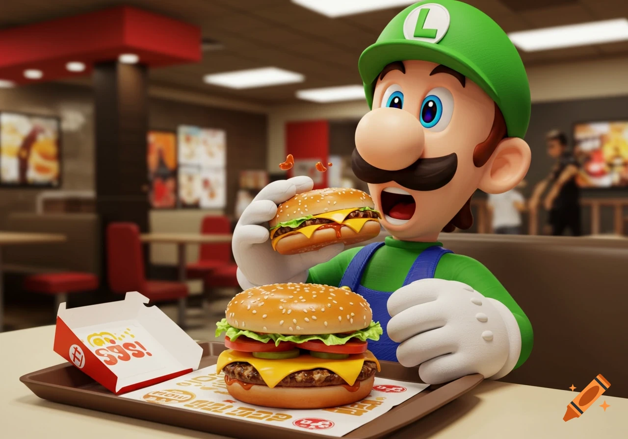 Luigi in a fast-food restaurant, wide-eyed, holding a burger with dripping sauce and two other burgers on a tray.