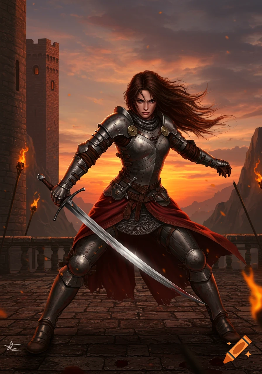 A fierce female knight in full plate armor holds a sword in a castle courtyard at sunset, her hair flowing in the wind, in a fantasy art style.