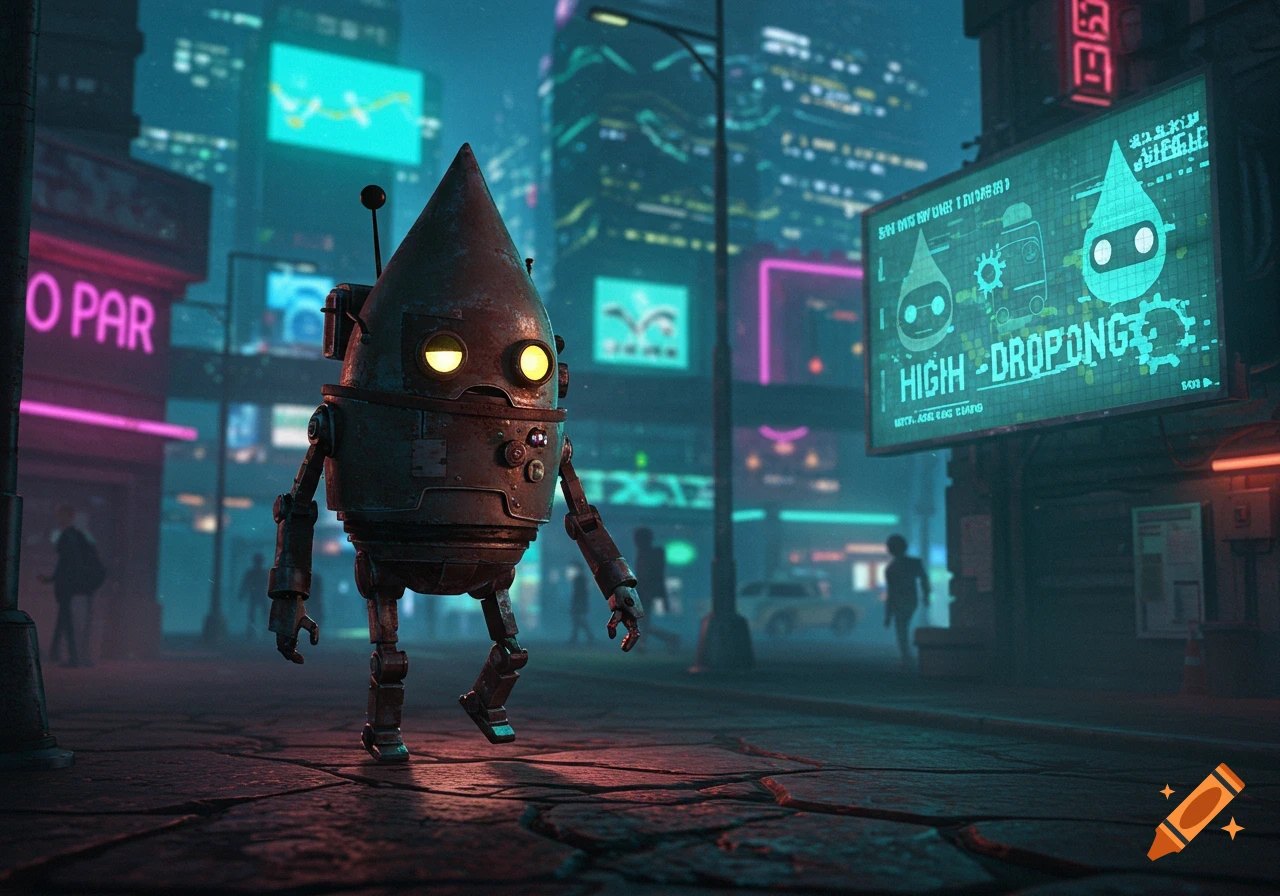 A rusty, teardrop-shaped robot with glowing eyes walks on a wet, neon-lit cyberpunk city street at night.
