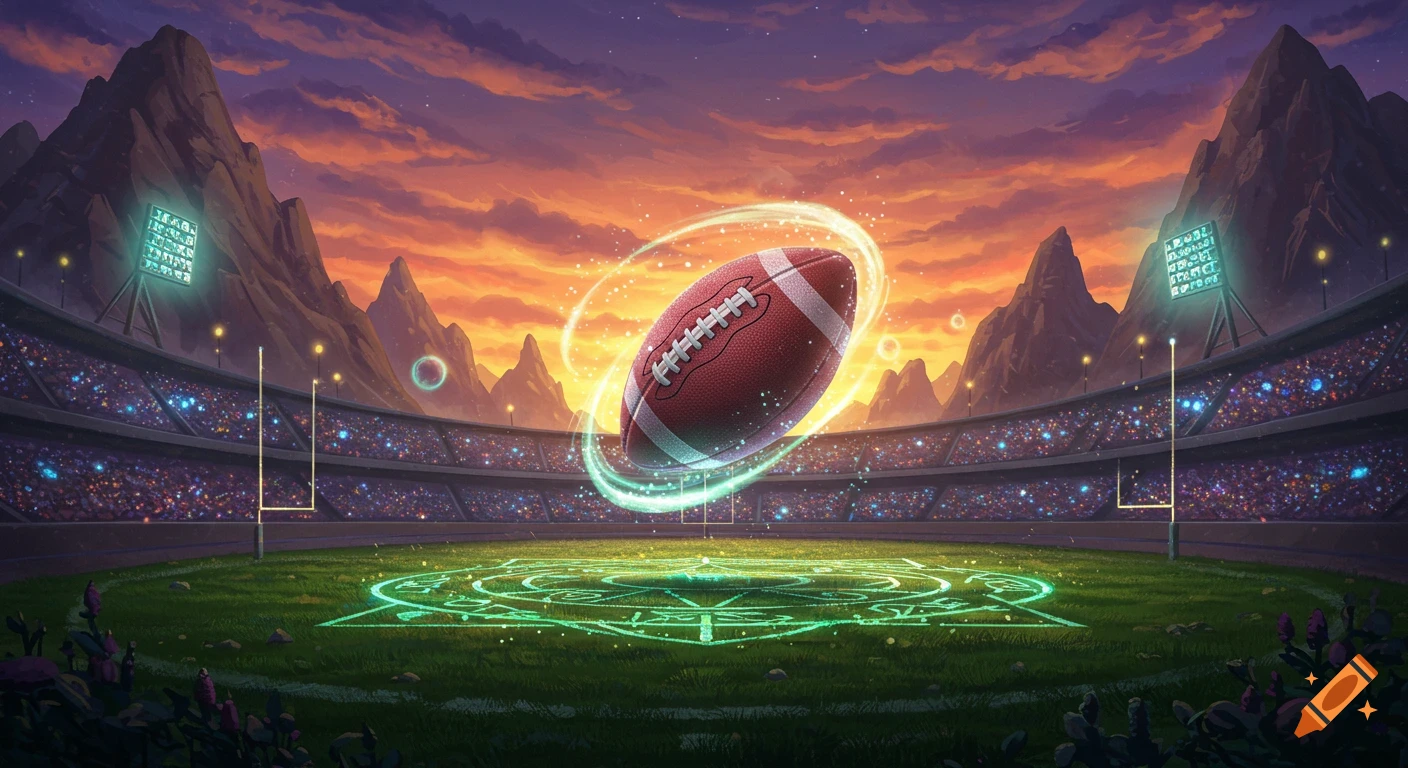 A magical football floats above a glowing symbol on a stadium field at sunset, surrounded by mountains.