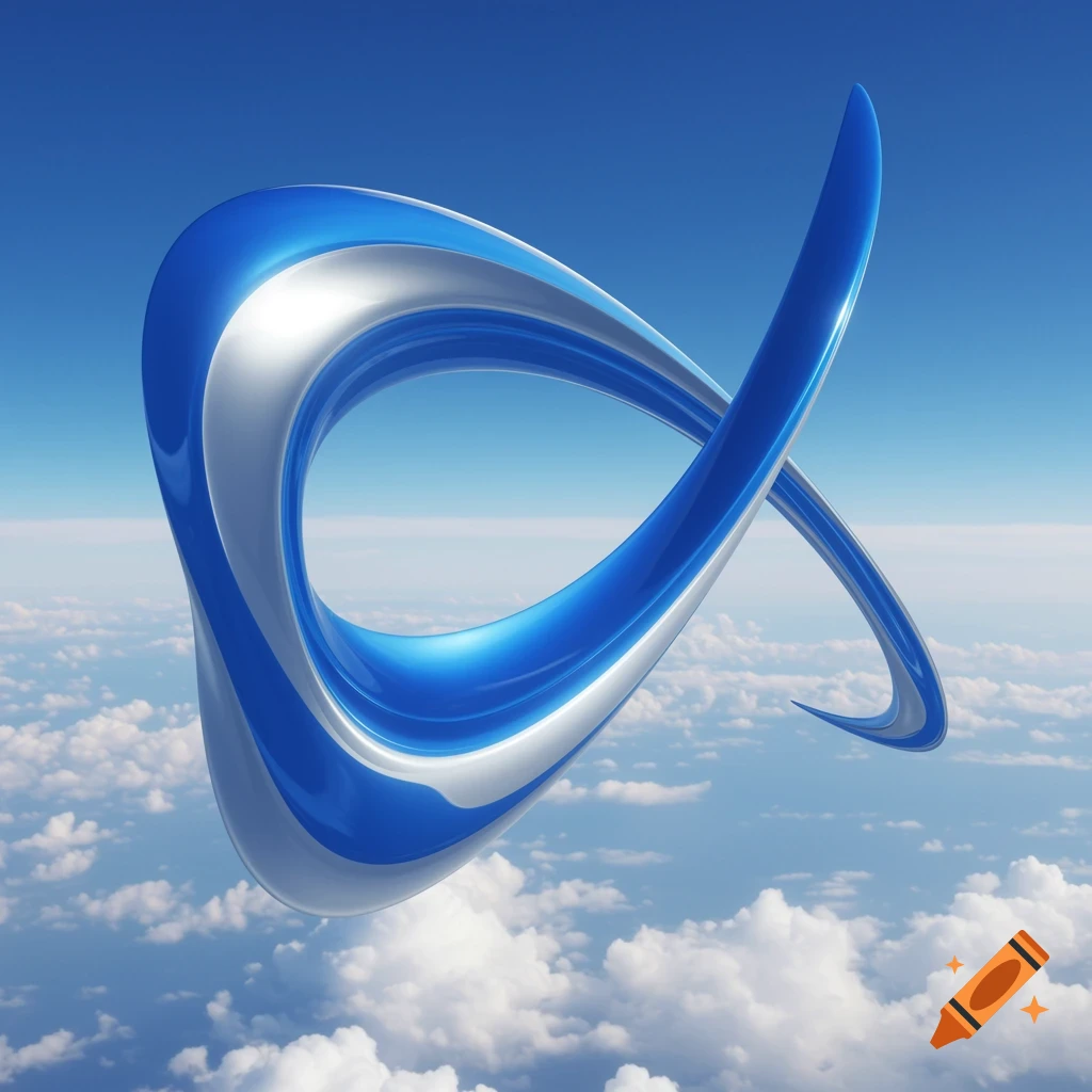 A sleek, blue and silver abstract ribbon-like sculpture floats in a bright blue sky with fluffy white clouds.