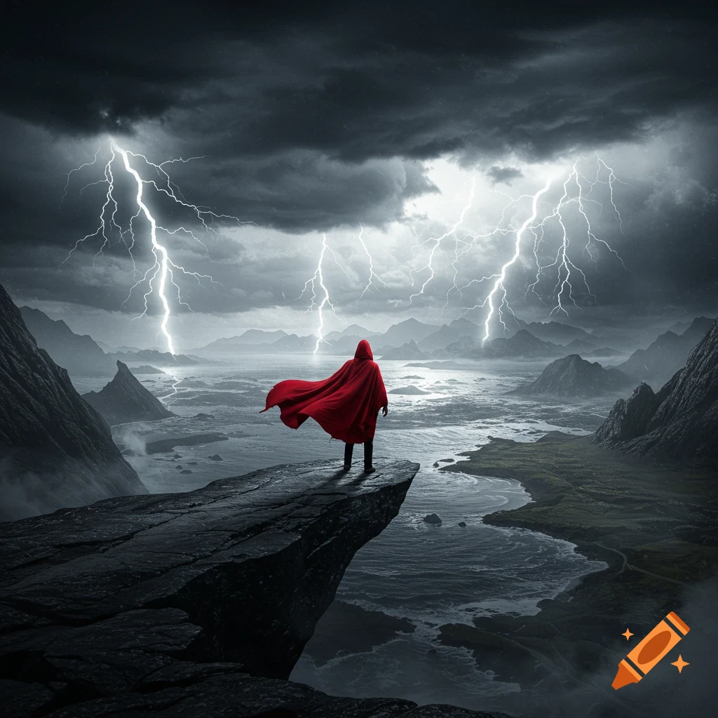 A figure in a red hooded cloak stands on a rocky cliff overlooking a stormy landscape with lightning.