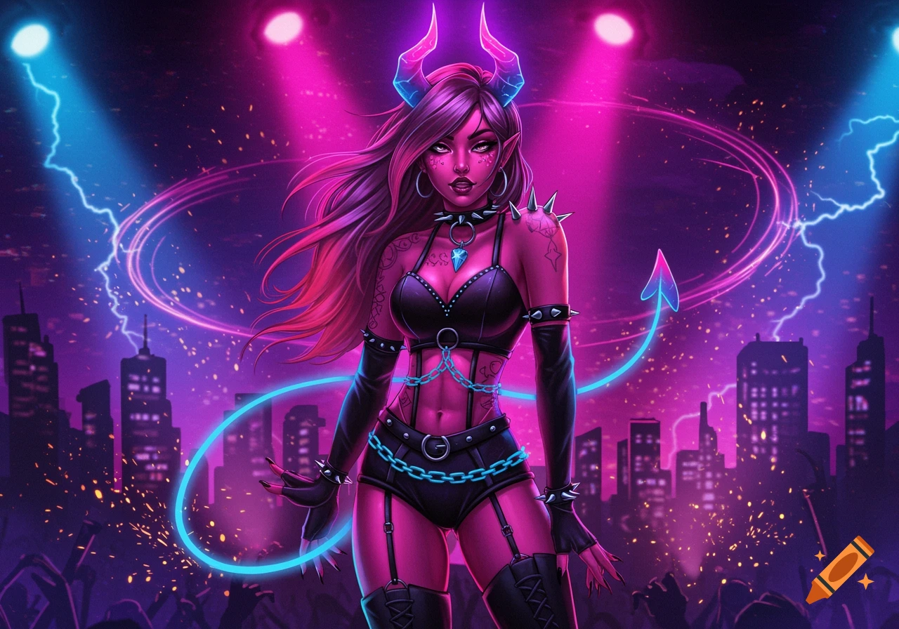 A pink-skinned demon woman with horns, tail, and long purple hair, wearing a black leather outfit with chains and spikes, stands on a stage with a neon city skyline backdrop and bright pink and blue spotlights.