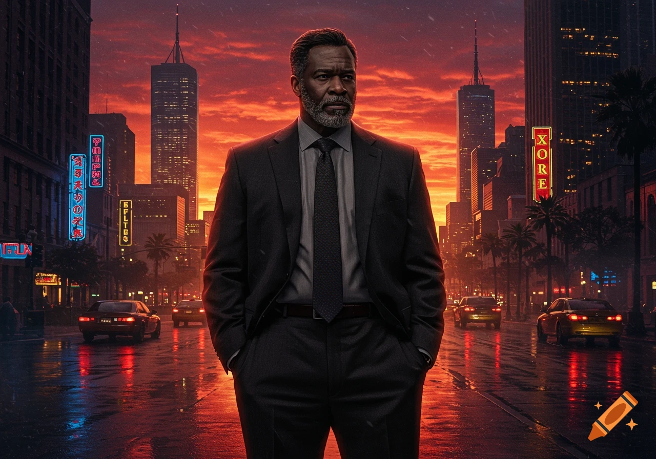 A serious man in a dark suit stands on a wet city street at sunset, with neon signs and skyscrapers in the background.