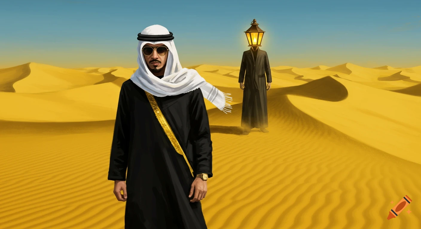A man in a shemagh and sunglasses stands in a golden desert while a shadowy figure with a lantern for a head watches from behind.
