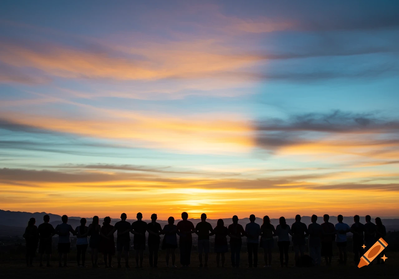A silhouette of a large group of people standing with their arms around each other against a vibrant sunset sky over a landscape.