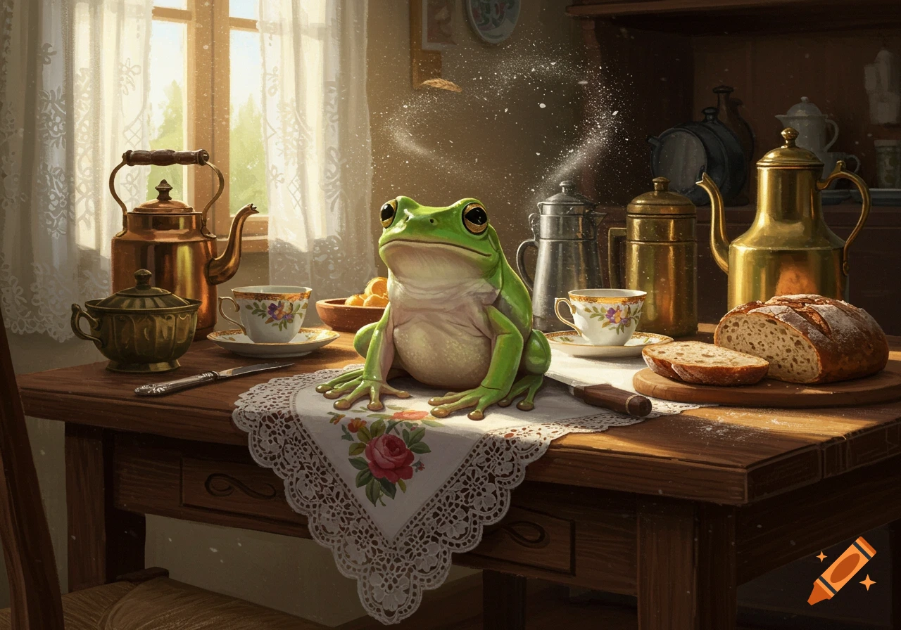 A realistic green frog sits on a lace doily on a wooden table, surrounded by teacups, teapots, and a loaf of bread, with sunlight streaming through a window.