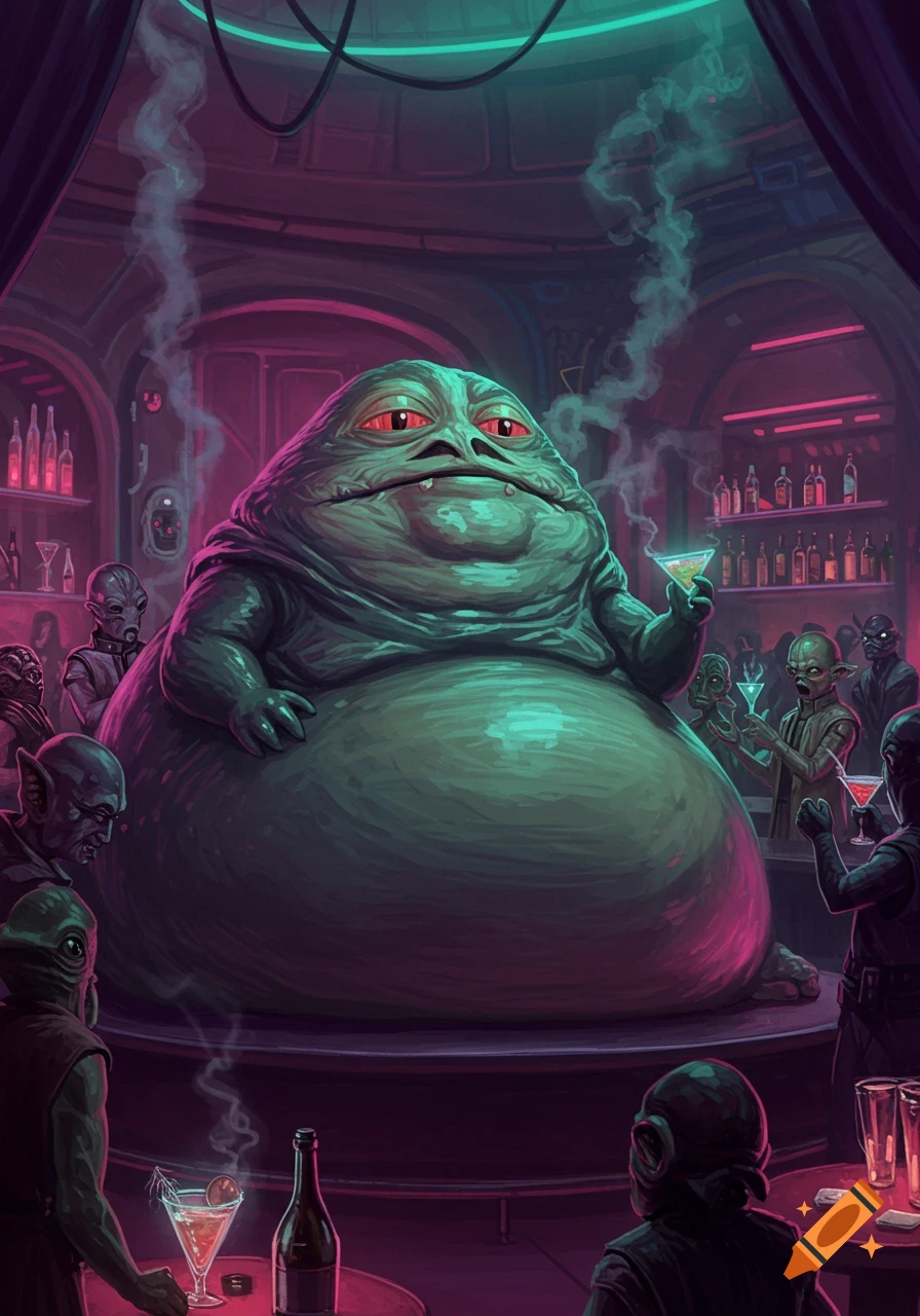 Jabba the Hutt sits at a bar, holding a martini glass, surrounded by alien patrons in a dimly lit, vibrant sci-fi setting.