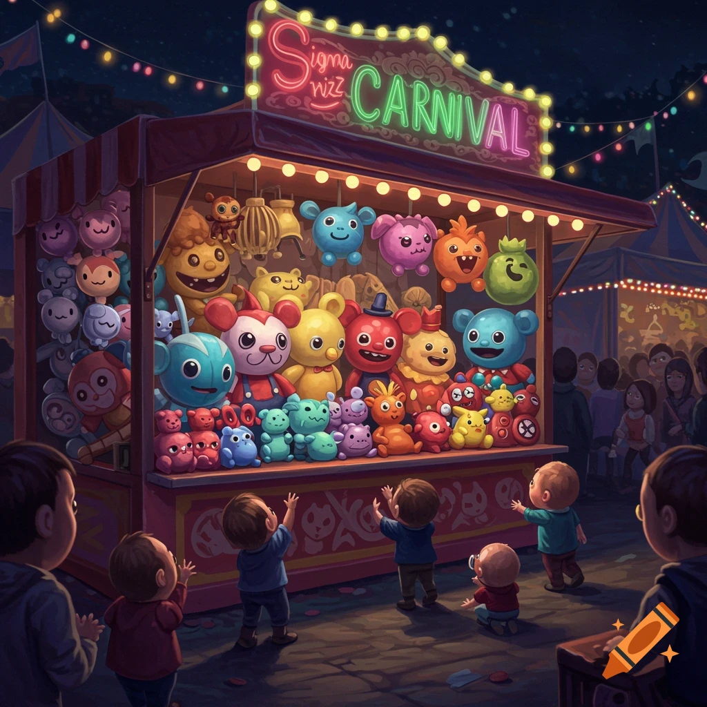 A vibrant night carnival scene with a stall full of colorful, cartoonish plush toys. Young children look up at the prizes under neon signs.