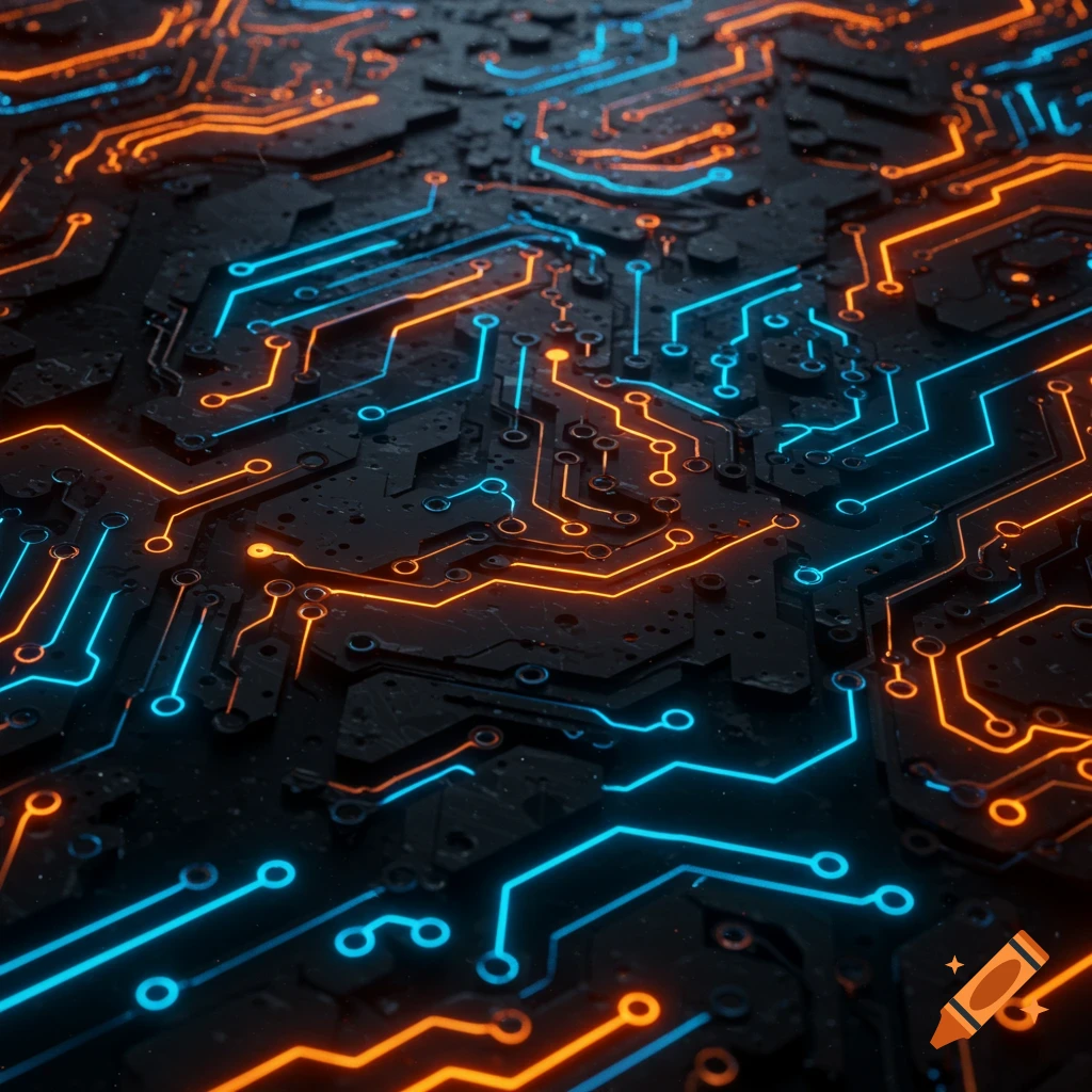 A close-up view of an artistic circuit board with glowing neon blue and orange pathways on a dark, textured background.