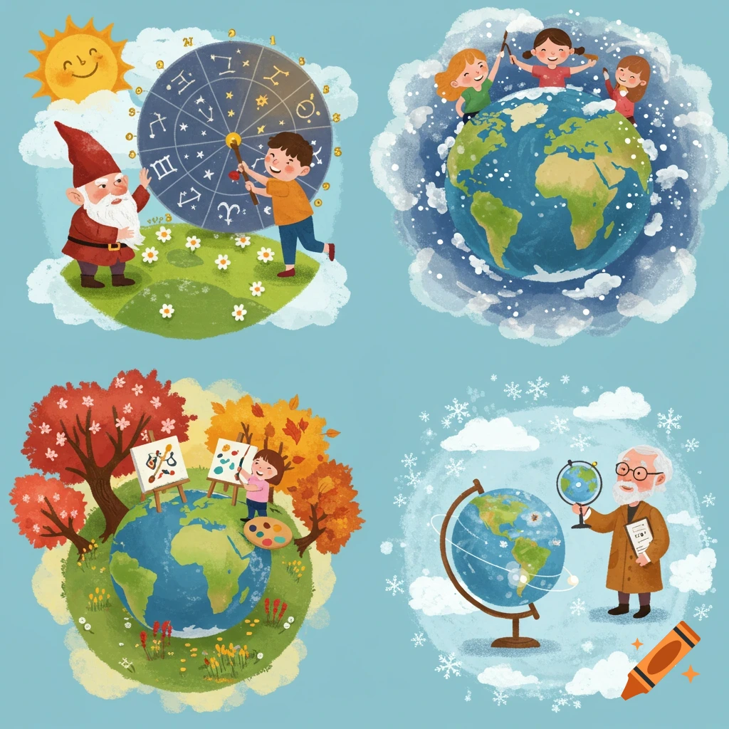 A cartoon illustration showing four vignettes of different concepts related to seasons and the Earth, including children playing on a globe, a gnome and child with a zodiac wheel, a girl painting, and an old man with globes.