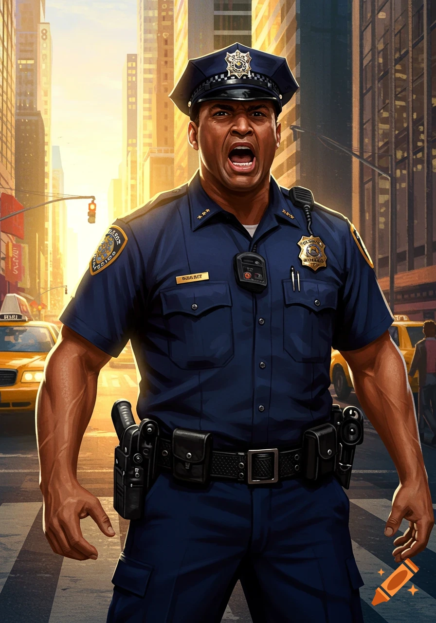 A muscular police officer in a dark blue uniform and cap yells while standing on a city street at sunset, with yellow taxis and tall buildings in the background.