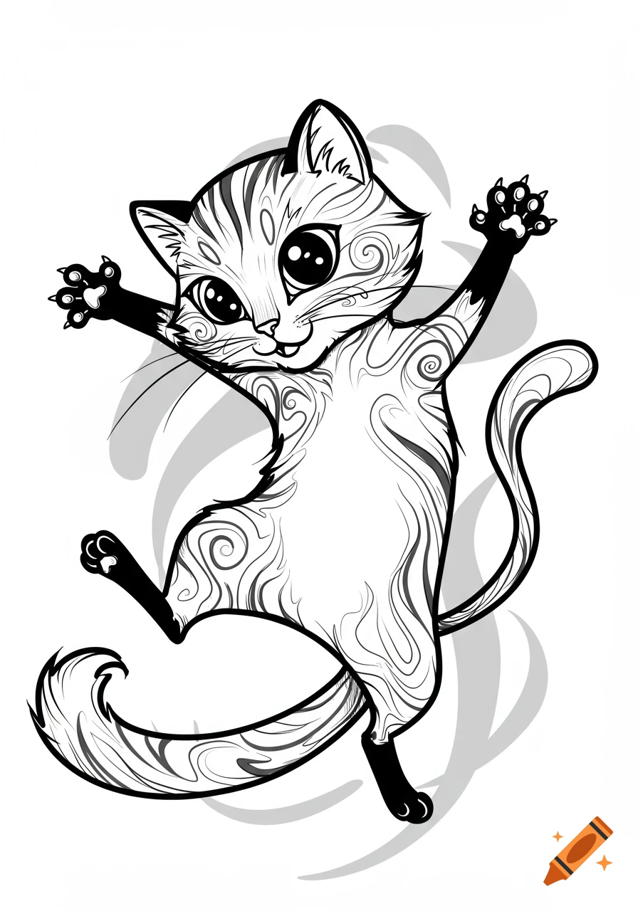 Black and white outline illustration of a dancing cat with large eyes and decorative swirl patterns on its fur.