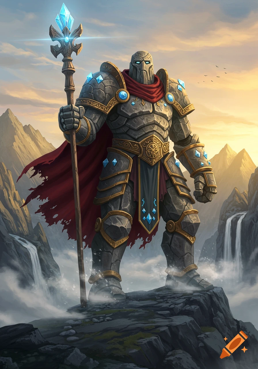 A massive stone-armored warrior stands on a cliff holding a glowing staff, overlooking a mountainous landscape with waterfalls at sunset.