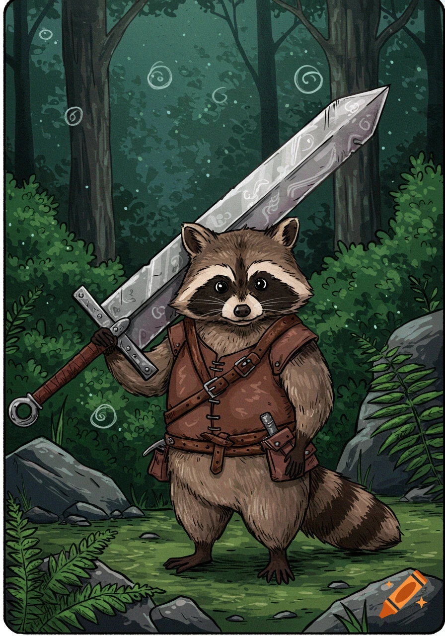 A hand-drawn, cartoonish raccoon warrior in brown leather armor holds a large claymore sword over its shoulder in a green forest.