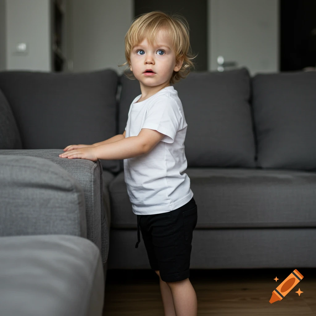 A blond-haired toddler in a white t-shirt and black shorts stands by a gray couch, looking at the camera.