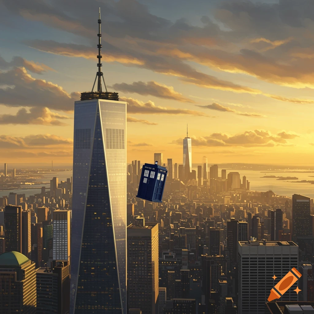 A blue police box, the TARDIS, floats in the air above a sprawling cityscape at sunset, with the One World Trade Center skyscraper prominent.