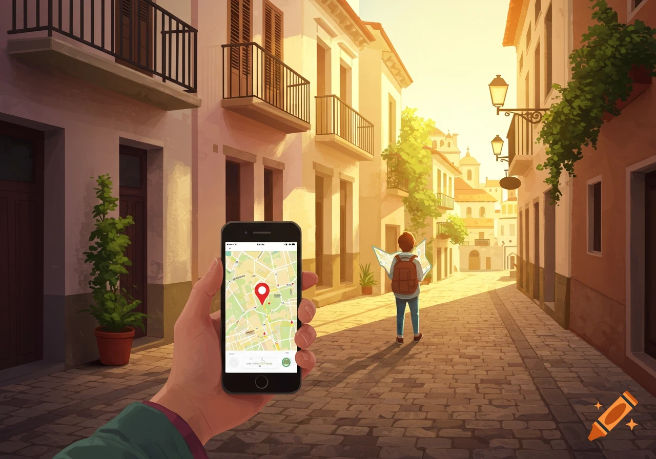 Illustration of a hand holding a smartphone showing a map, with a person looking at a map on a sunny cobblestone street.