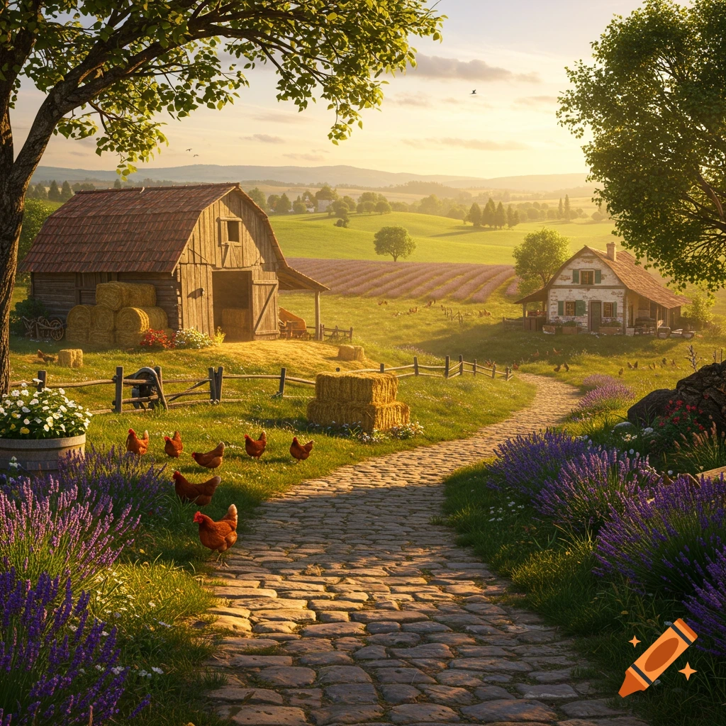A tranquil farm scene with a barn, farmhouse, chickens, and lavender flowers along a stone path at sunset.