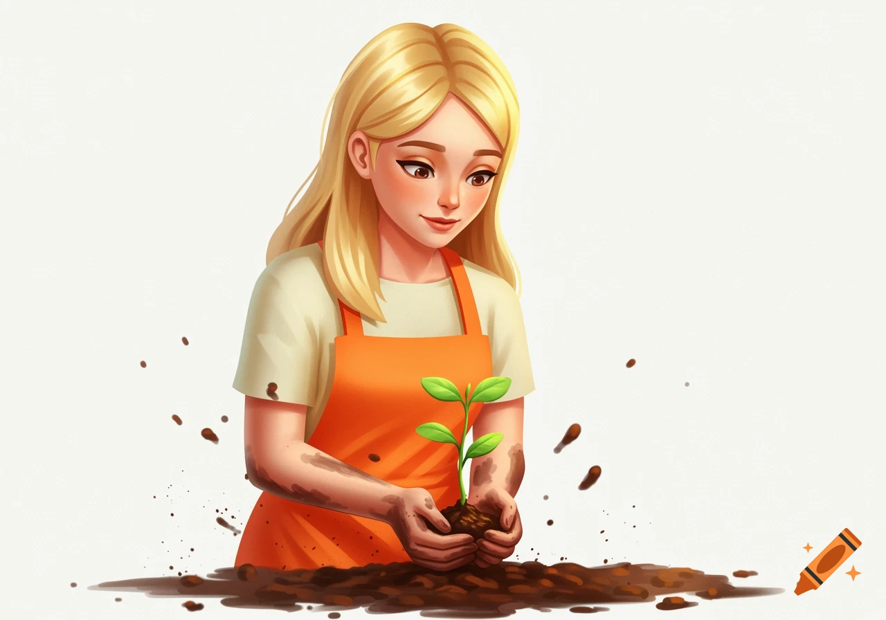 Blonde young woman in an orange apron planting a seedling in dirt with her hands, on a white background, illustration style.