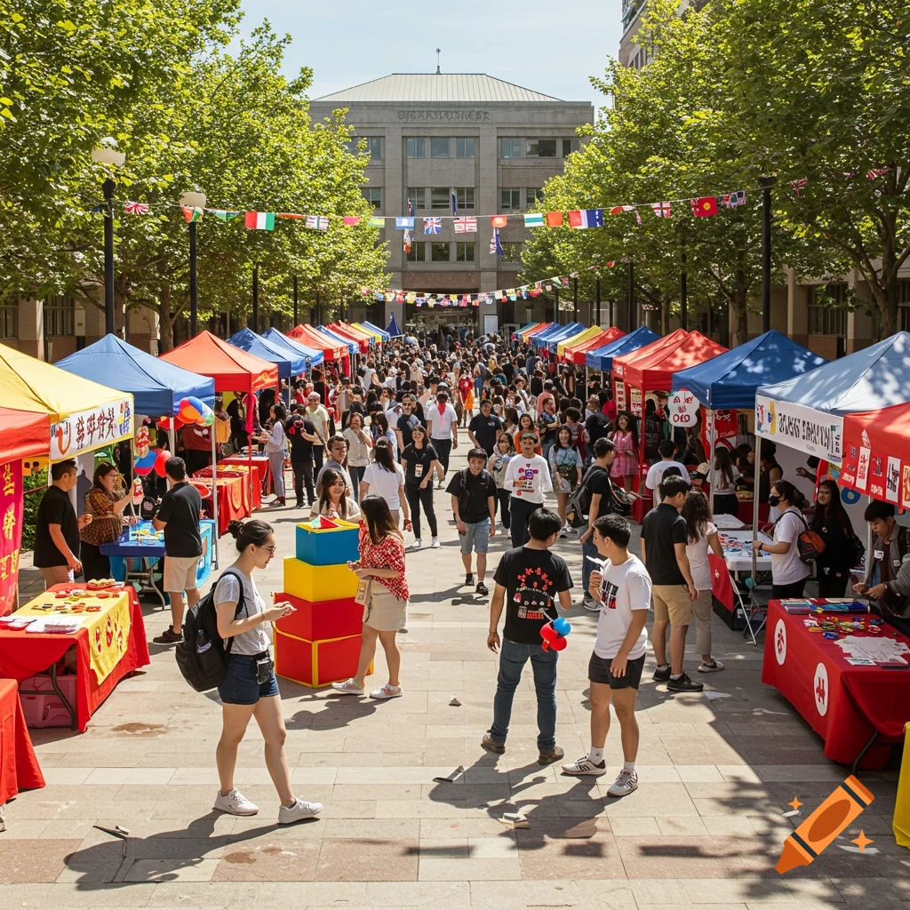 A vibrant university campus plaza during Orientation Week, filled with students, colorful booths, flags, and trees under a sunny sky.
