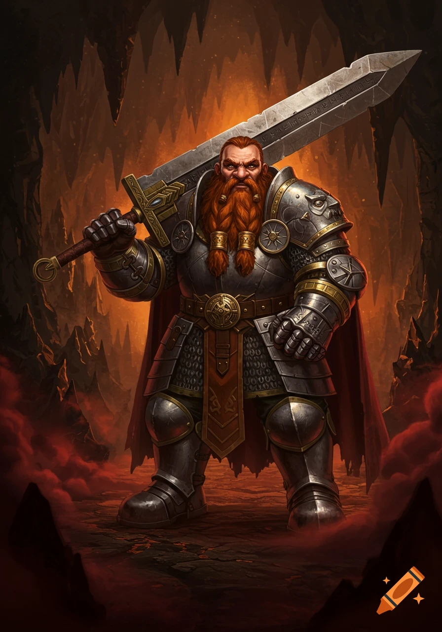 A heavily armored dwarf warrior with a braided red beard stands in a fiery cave, holding a large greatsword over his shoulder. Stylized digital art.