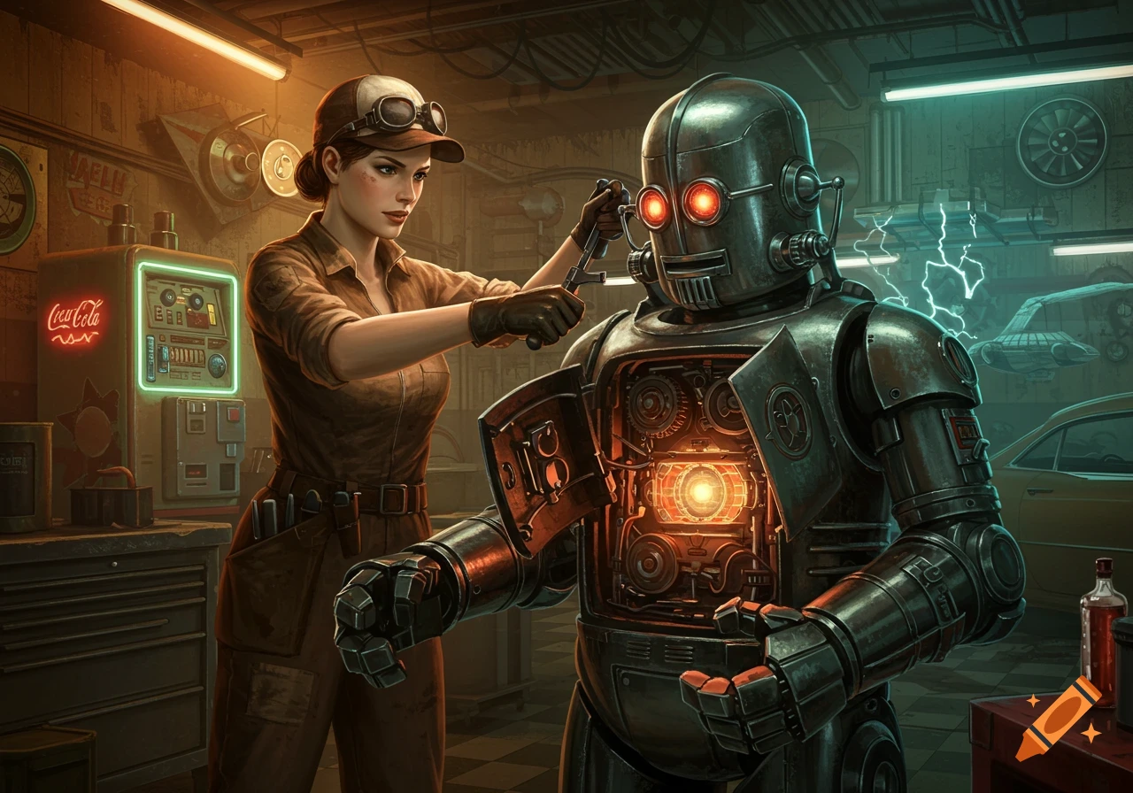 An atompunk illustration of a woman in a mechanic's jumpsuit repairing a retro robot in a garage.