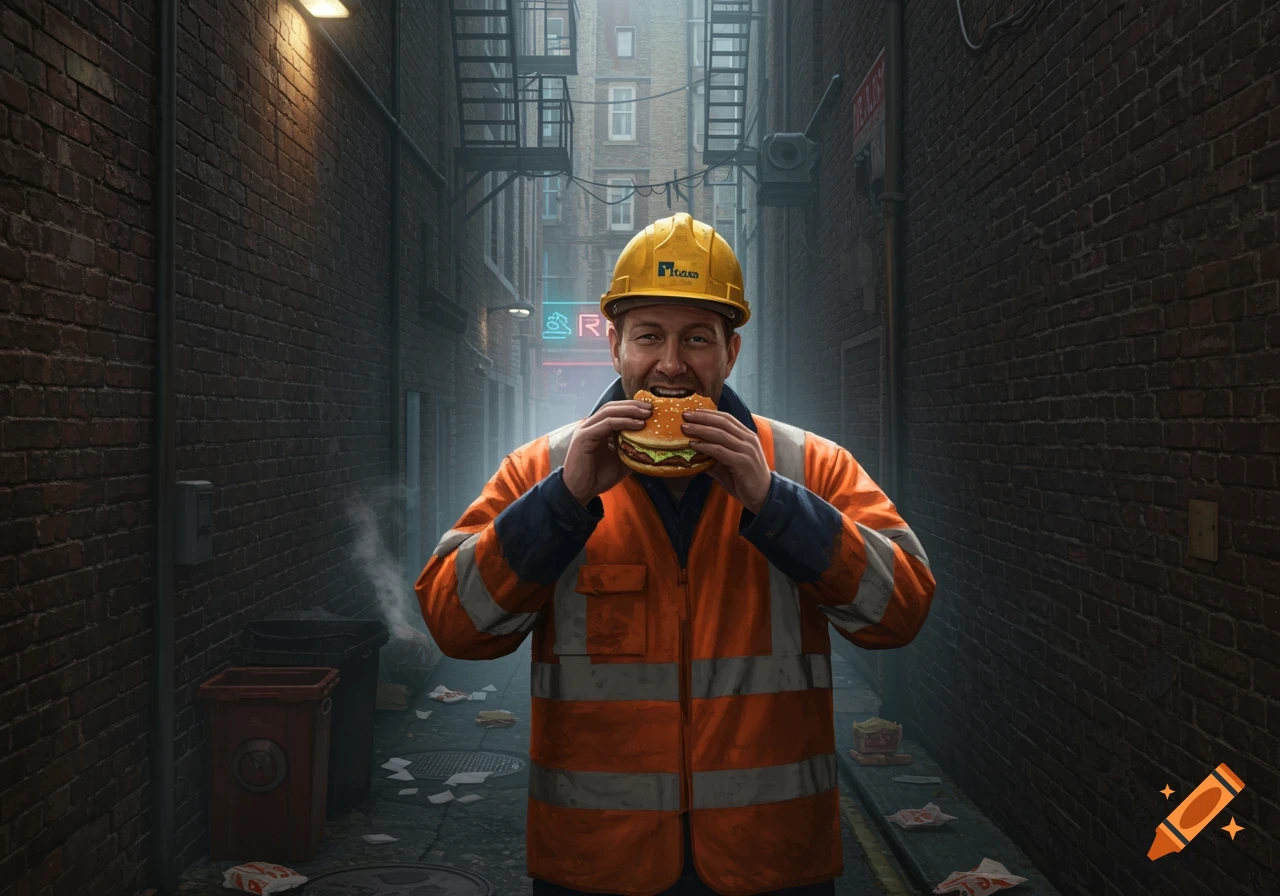 A happy worker in a high-visibility jacket and hard hat eating a burger in a dark alleyway.