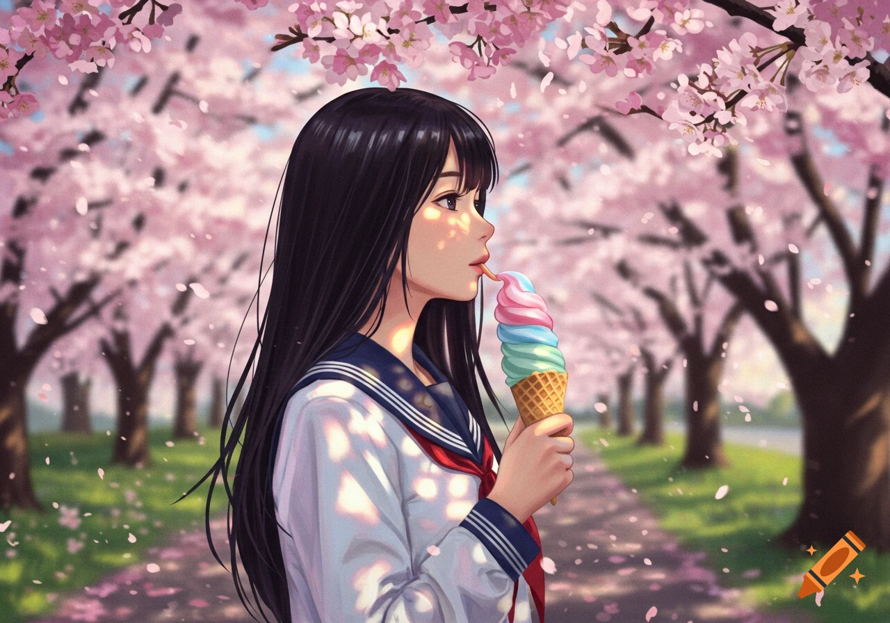 A young girl with long black hair in a Japanese uniform eats an ice cream cone under blooming cherry blossom trees.