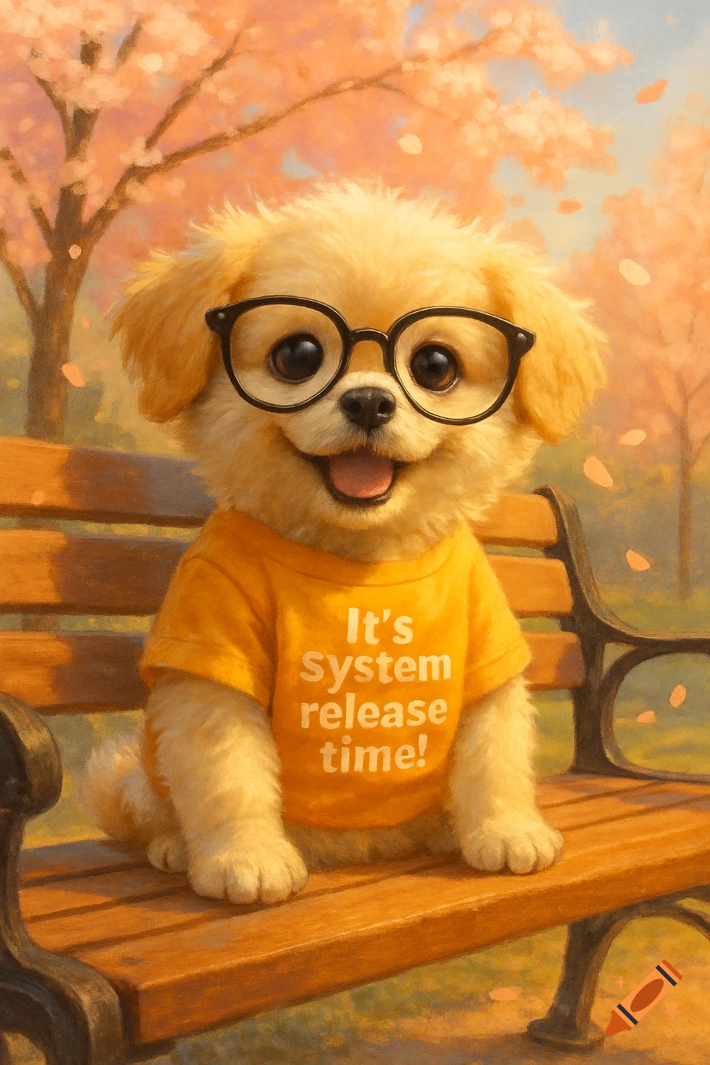 A fluffy golden puppy wearing black glasses and an orange t-shirt with "It's System release time!" printed on it, sitting on a park bench under blossoming trees, in a digital painting style.