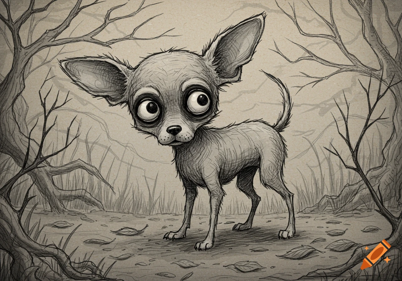 A black and white sketch of a wide-eyed chihuahua puppy standing among bare trees and fallen leaves.