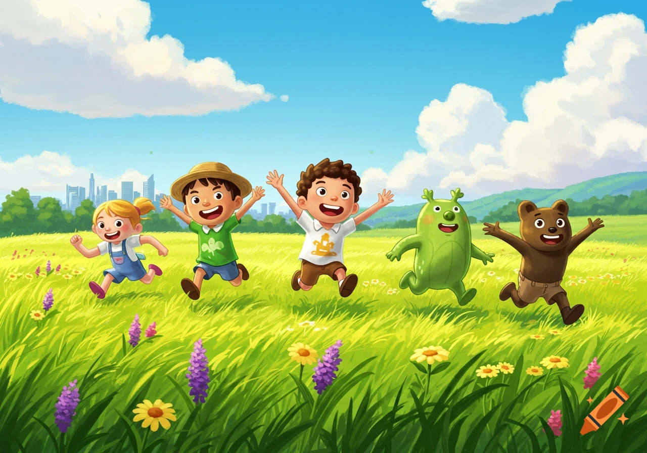 A group of happy cartoon children and creatures jump through a bright green field with flowers under a blue sky, with a city in the background.
