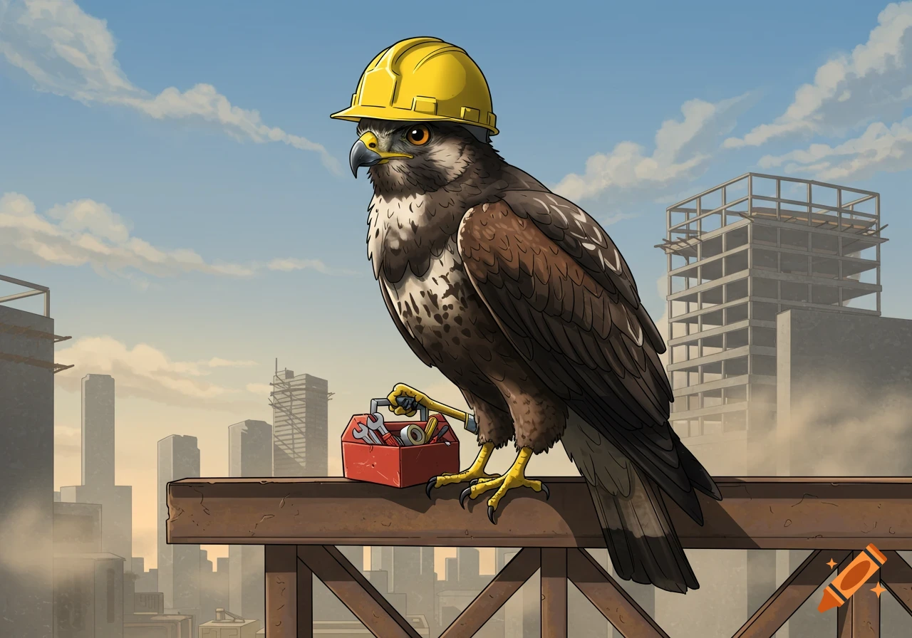 A hawk wearing a yellow hard hat and holding a red toolbox with tools, perched on a beam at a construction site.