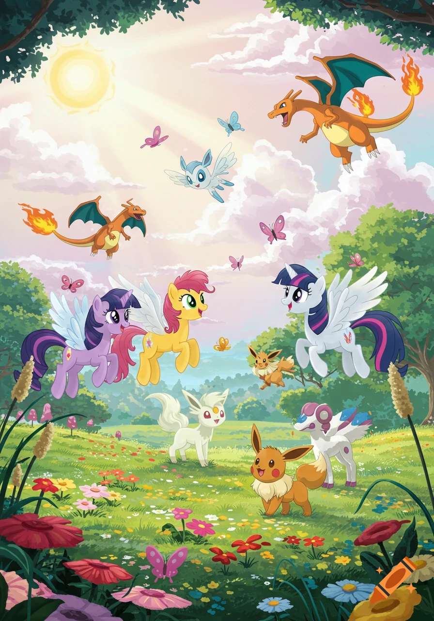 Cartoon image of My Little Pony and Pokemon characters (Charizard, Glaceon, Eevee, Flareon) in a sunny, flower-filled grassy field.