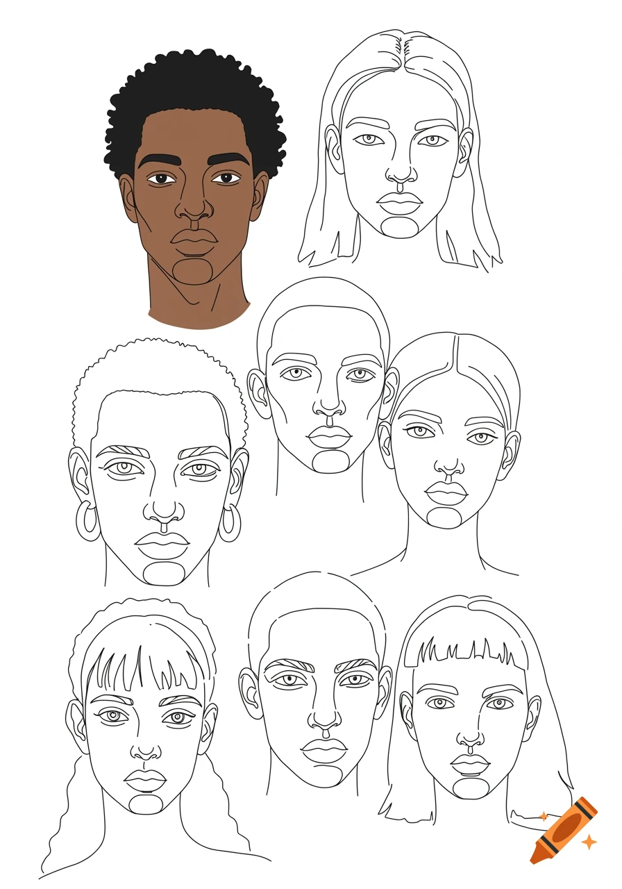 A collage of simple line art drawings depicting diverse human faces with varying features and hairstyles.