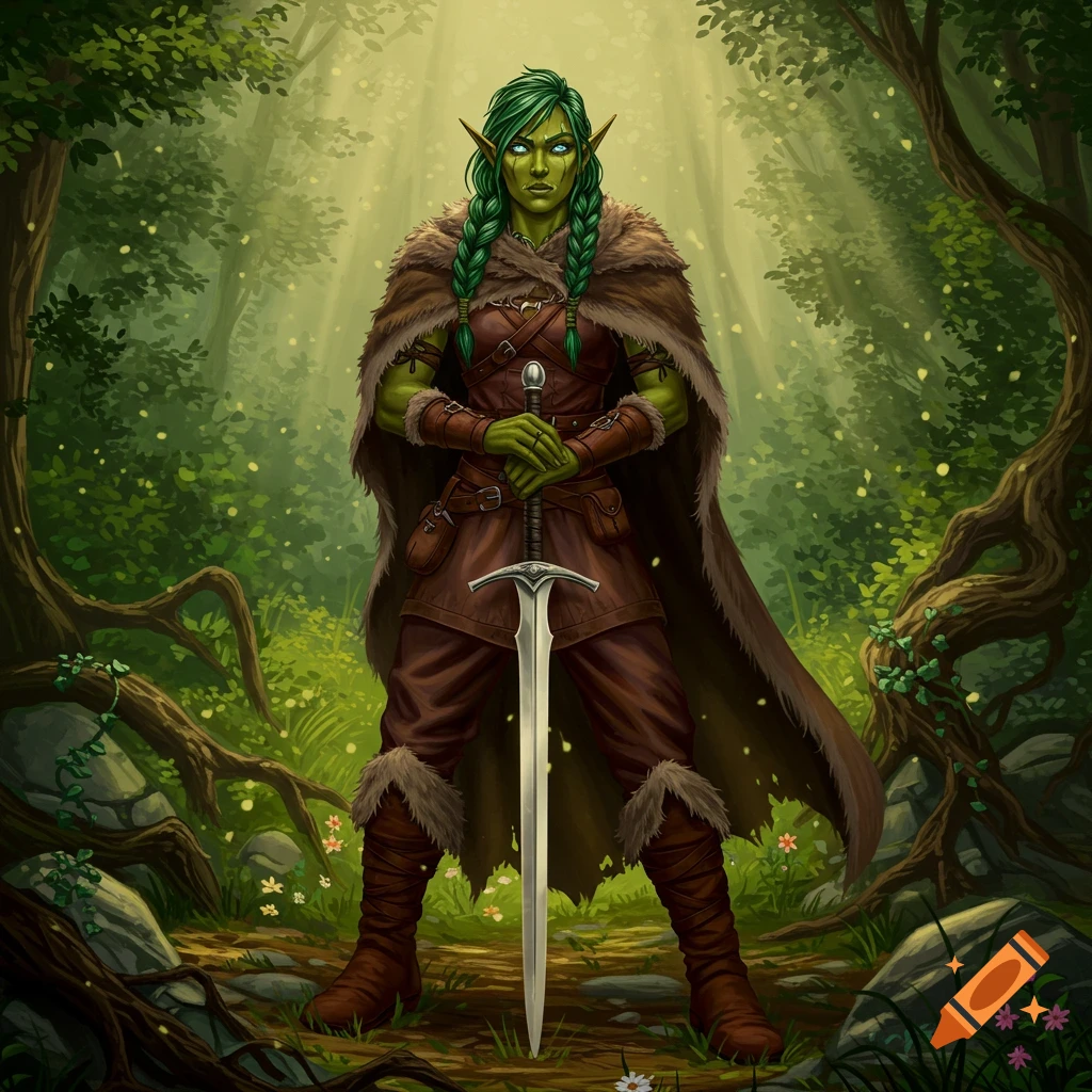 Green-skinned half-elf/orc female adventurer with braids and fur-trimmed clothing stands in a magical forest, holding a sword.