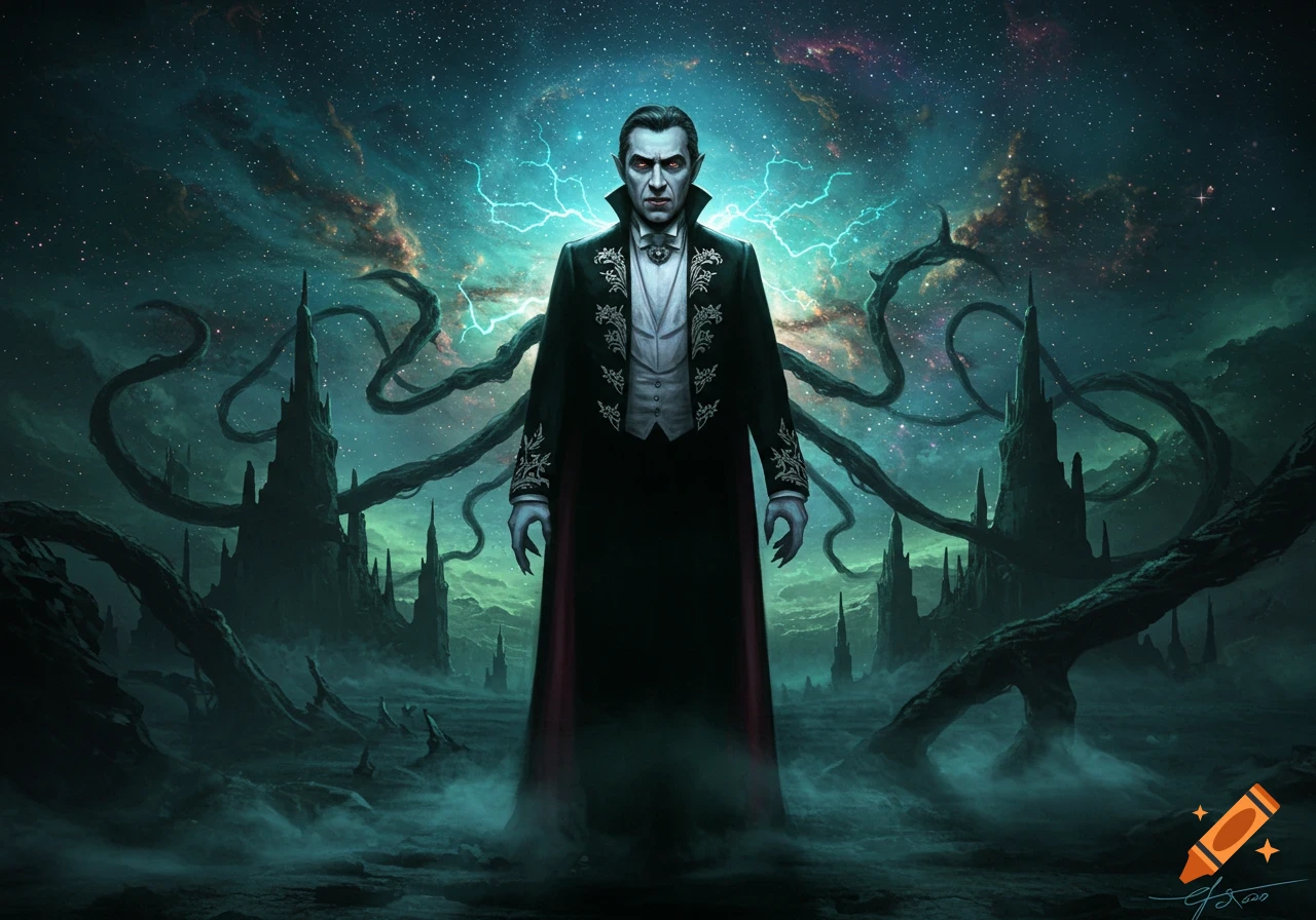 A sinister Dracula stands in a dark, otherworldly landscape with gothic spires and swirling cosmic energies in the background. Digital painting.