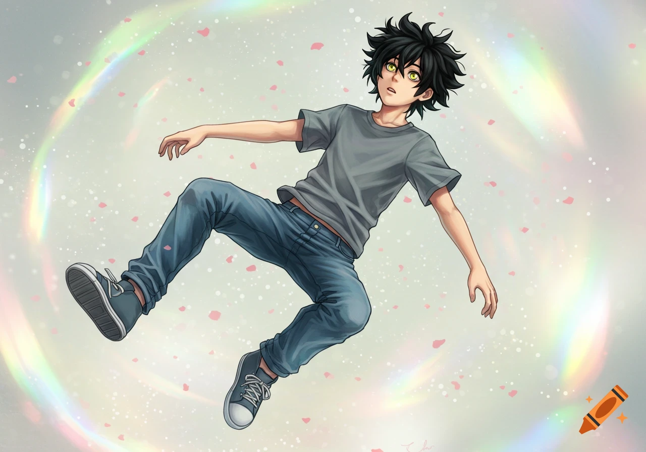Anime illustration of a black-haired, yellow-eyed teenage boy in a grey shirt and jeans, floating in an iridescent void with petals.