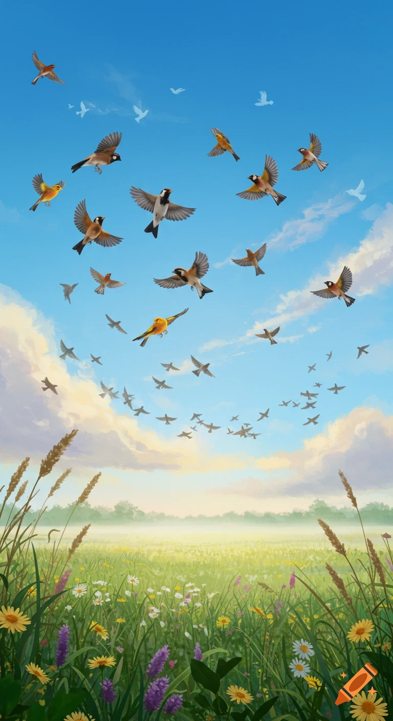 A field of green grass and wildflowers under a bright blue sky, with many birds of various species flying.