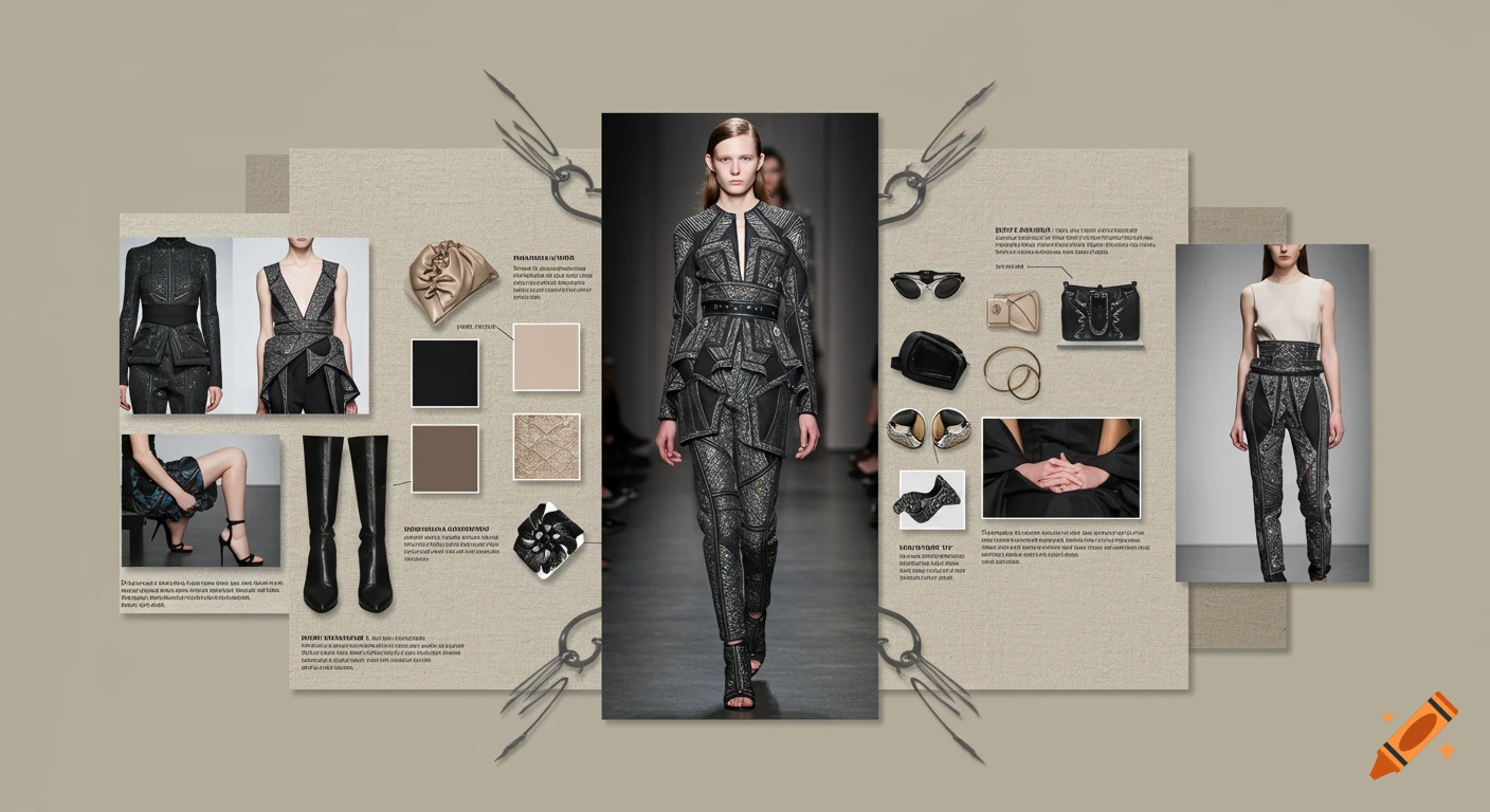 A fashion presentation board featuring models in black outfits, accessories, and color swatches on a beige background.