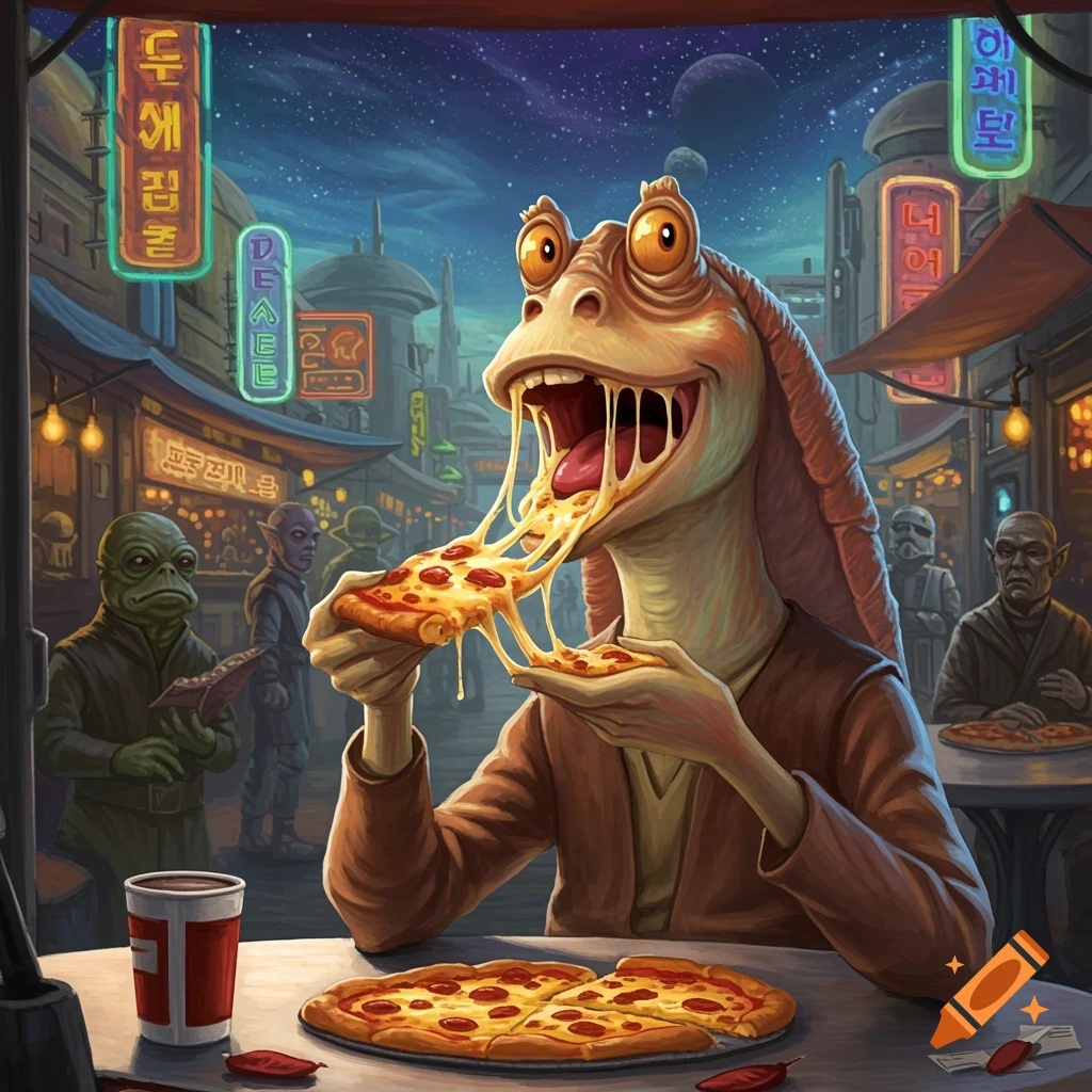 Jar Jar Binks enthusiastically eats a slice of pepperoni pizza with stringy cheese in a futuristic, neon-lit street market at night.