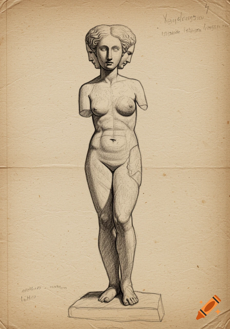 Pencil sketch on old paper of a multi-headed classical female statue with strange proportions.