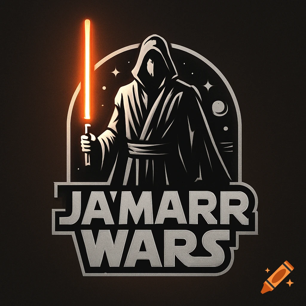 Logo of a hooded figure holding an orange lightsaber above the text 'JA'MARR WARS' on a dark background.